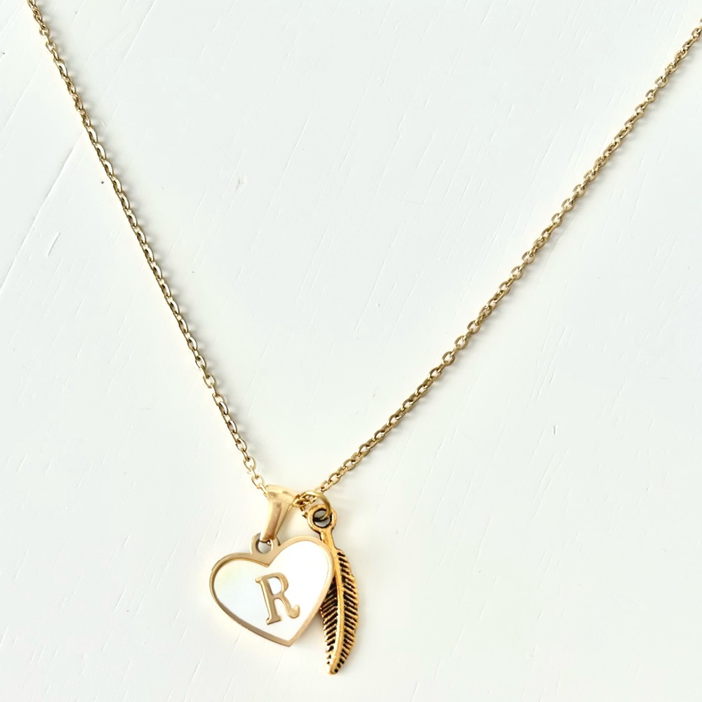 Initial Letter Necklace. R. Gold Heart and Feather 14k Gold Plated